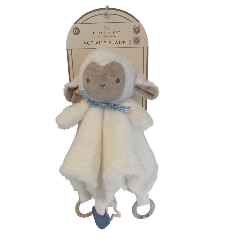 Apple + Ivy Lamb Baby Activity Blankie White Plush Rattle Teether Lovey Gift NEW